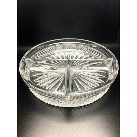 Vintage Round Diamond Candy/Trinket Dish 8" Heavy Glass 3 Dividers - Picture 1 of 5